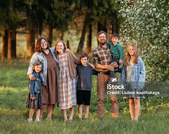 Large family of father, mother, two brothers and three sisters standing and sitting on a green field in summer, full length portrait.